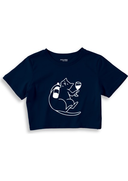 Wine Lover Cat Crop Tişört - Lacivert