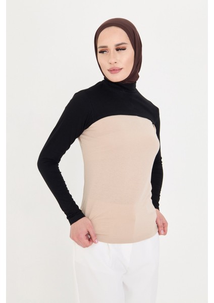 Siyah Tesettür Balıkçı Yakalı Boyunluklu Kolluk Viskon Düz 1025_01
