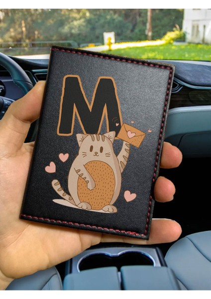 Desenli Ruhsat Kabı Logolu Oto Kılıfı Deri Dikişli Araç Ruhsat Koruyucu M Harfi Kedili