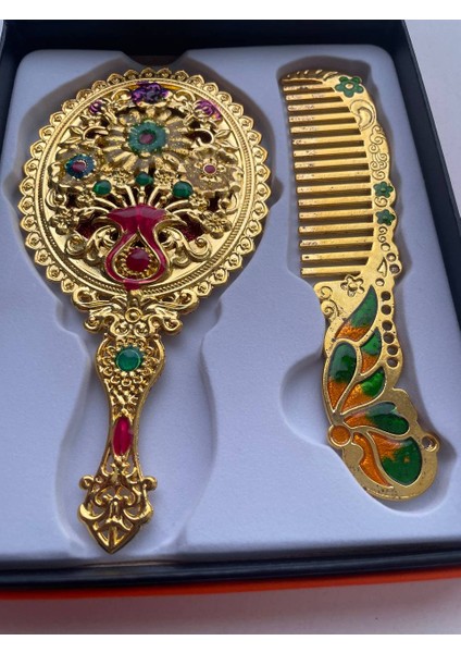 Ayna Tarak Seti, Kutulu-Metal-Hediyelik Takım, 13CM Aynalı Saç Fırçası, Tavuskuşu Figürlü modelleri