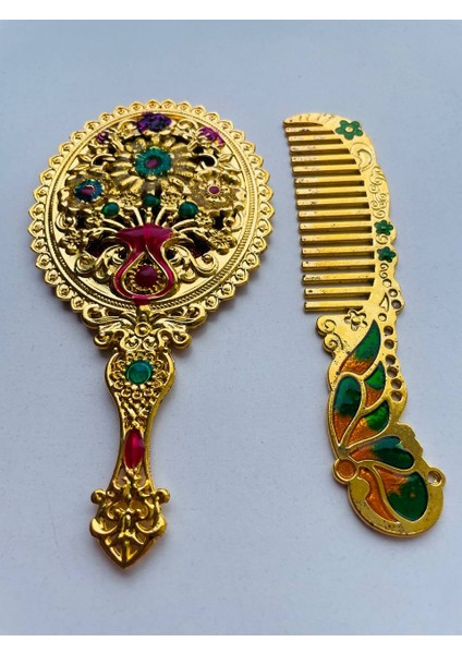 Ayna Tarak Seti, Kutulu-Metal-Hediyelik Takım, 13CM Aynalı Saç Fırçası, Tavuskuşu Figürlü