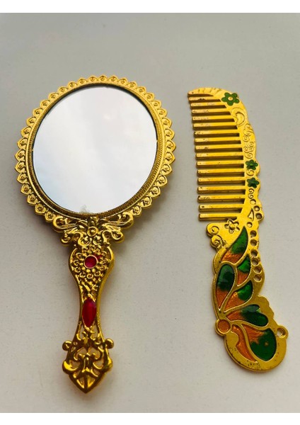 Ayna Tarak Seti, Kutulu-Metal-Hediyelik Takım, 13CM Aynalı Saç Fırçası, Tavuskuşu Figürlü