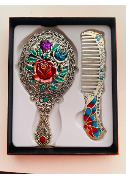 Ayna Tarak Seti, Kutulu-Metal-Hediyelik Takım, 13CM Aynalı Saç Fırçası, Tavuskuşu Figürlü