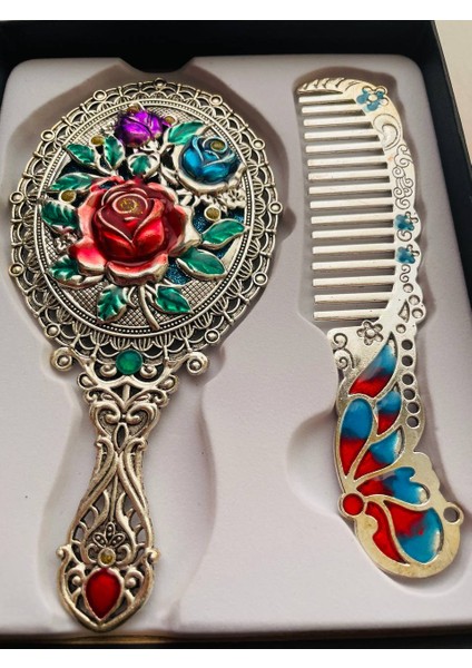 Ayna Tarak Seti, Kutulu-Metal-Hediyelik Takım, 13CM Aynalı Saç Fırçası, Tavuskuşu Figürlü modelleri