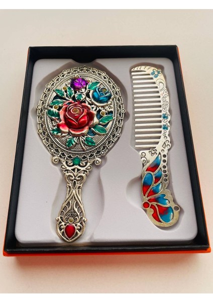 Ayna Tarak Seti, Kutulu-Metal-Hediyelik Takım, 13CM Aynalı Saç Fırçası, Tavuskuşu Figürlü