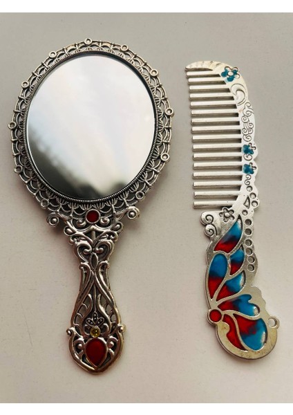 Ayna Tarak Seti, Kutulu-Metal-Hediyelik Takım, 13CM Aynalı Saç Fırçası, Tavuskuşu Figürlü