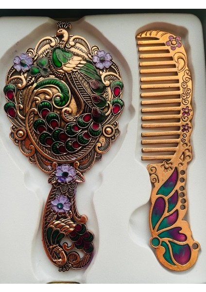 Ayna Tarak Seti, Kutulu-Metal-Hediyelik Takım, 13CM Aynalı Saç Fırçası, Tavuskuşu Figürlü