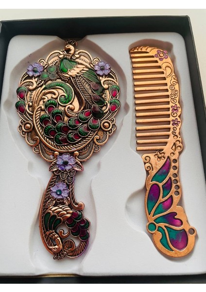 Ayna Tarak Seti, Kutulu-Metal-Hediyelik Takım, 13CM Aynalı Saç Fırçası, Tavuskuşu Figürlü modelleri
