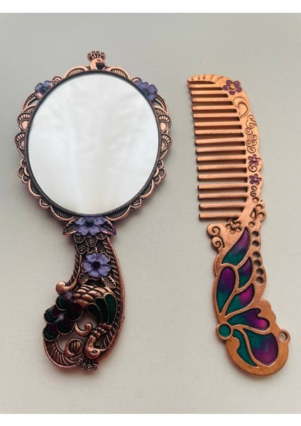 Ayna Tarak Seti, Kutulu-Metal-Hediyelik Takım, 13CM Aynalı Saç Fırçası, Tavuskuşu Figürlü