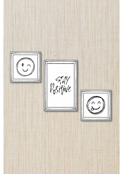 Stay Positive 3’lü Gravür Ahşap Duvar Dekoru Seti – Minimal Çerçeveli Motive Edici Tasarım