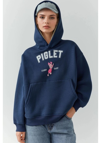 Kadın Oversize Baskılı Kapüşonlu Sweatshirt Lacivert