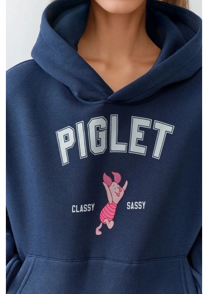 Kadın Oversize Baskılı Kapüşonlu Sweatshirt Lacivert indirimleri