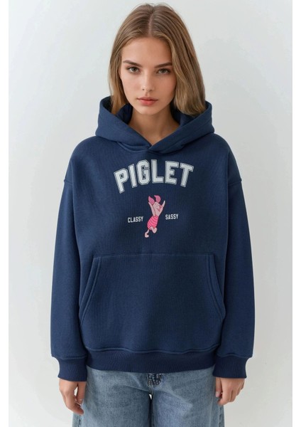 Kadın Oversize Baskılı Kapüşonlu Sweatshirt Lacivert