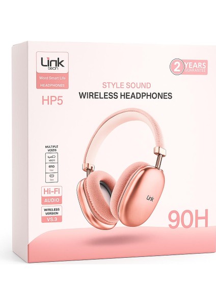 Linktech Hp5 Bluetooth 5.3 Kablosuz Kulak Üstü Kulaklık – 90 Saat Pil Ömrü, Hi-Fi Ses, Mikrofonlu, Aux + Tf Kart Destekli
