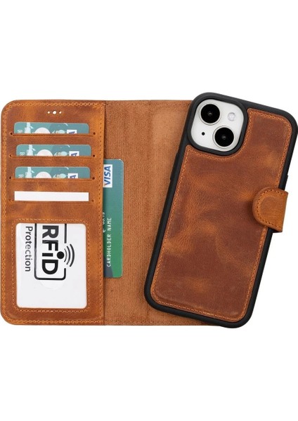 Apple iPhone 15 Uyumlu Deri Cüzdanlı Kılıf Mwwn G19 Taba