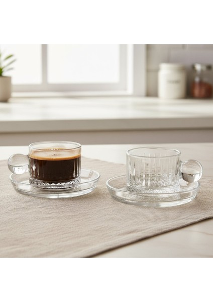 Elysia Desen Cam 6 Kişilik Tabaklı Duble Türk Kahvesi Espresso Fincan Seti – 6 x 100 ml