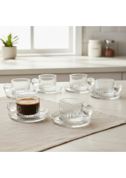 Elysia Desen Cam 6 Kişilik Tabaklı Duble Türk Kahvesi Espresso Fincan Seti – 6 x 100 ml modelleri