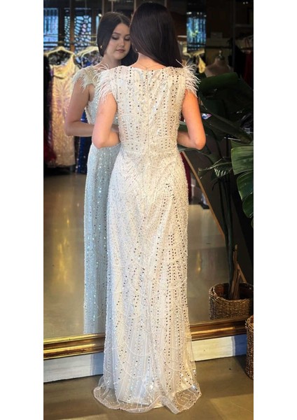 Bej V Yaka Kalın Askı Tuy Detaylı Düz Kesim Pullu Boncuklu Uzun Abiye Elbise 11052-05 indirimleri