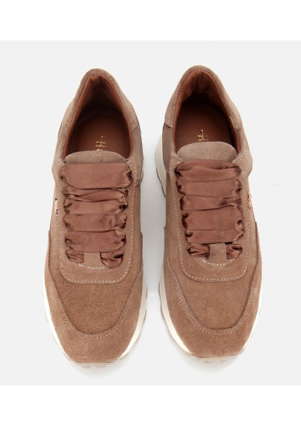 01AYH315410A340 KADIN Süet Deri Bej Bağcık Detaylı Yüksek Tabanlı Spor Ayakkabı