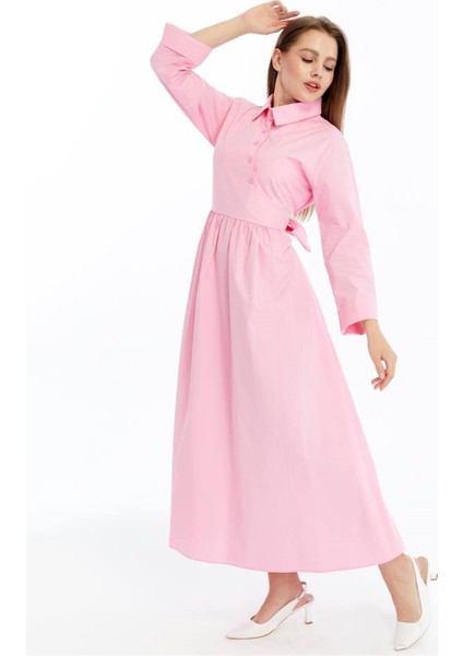 35071 Gömlek Yaka Kuşaklı Asimetrik Patlı Viscon Elbise