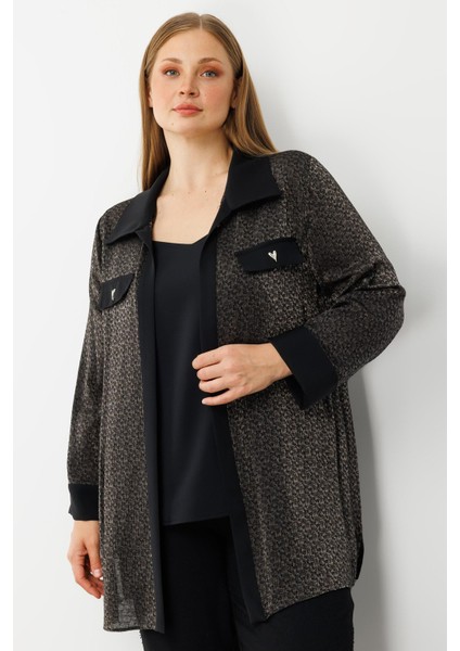 Moda Ilgi Kadın Büyük Beden Cep Kapaklı Desenli Ikili Takım 0303 Siyah