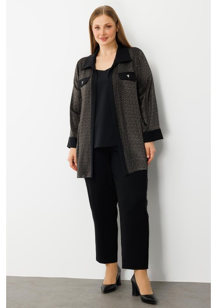 Moda Ilgi Kadın Büyük Beden Cep Kapaklı Desenli Ikili Takım 0303 Siyah fiyatları