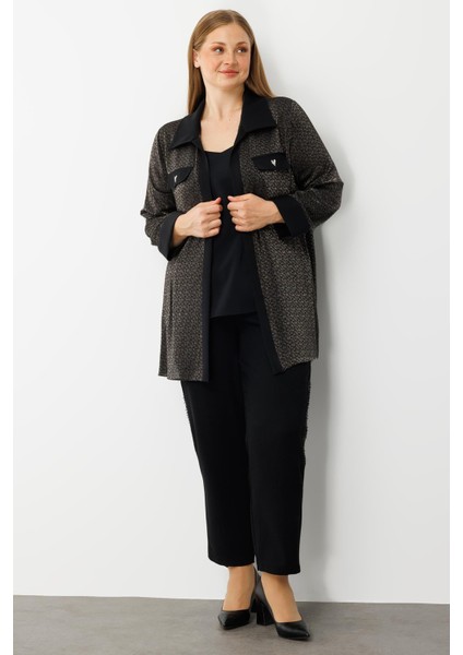 Moda Ilgi Kadın Büyük Beden Cep Kapaklı Desenli Ikili Takım 0303 Siyah modelleri