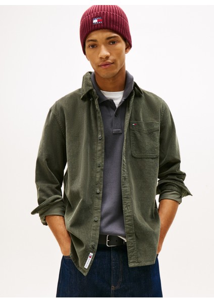 Regular Fit Haki Düz Erkek Gömlek DM0DM22021MRH Tjm Reg Baby Cord Shı modelleri