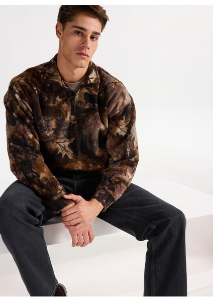 Yüksek Yaka Kahve Erkek Sweatshırt Onsbılly Vtg Washed Aop Halfzıp Swe