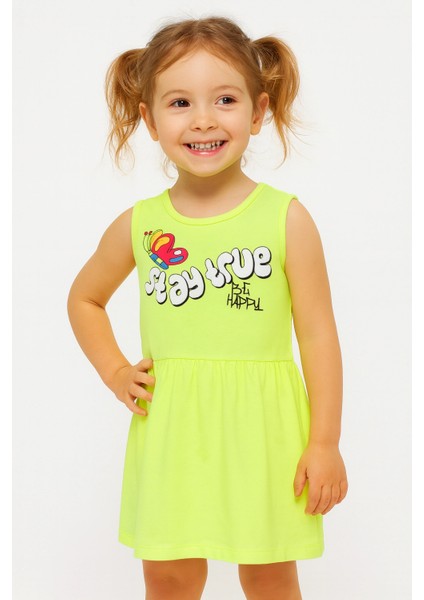 Kız Çocuk Neon Yeşil Kolsuz Stay True Happy Baskılı Elbise