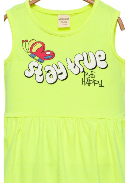 Kız Çocuk Neon Yeşil Kolsuz Stay True Happy Baskılı Elbise modelleri