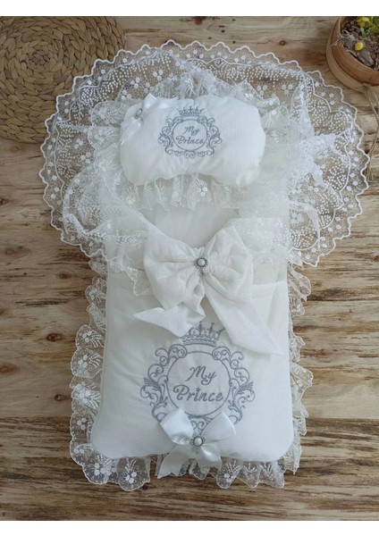 Litaetrend Yenidoğan Nil Taç Nakışlı Hayal Güpürlü Trilüks Kundak Bebek Battaniyesi 3lü Alt Açma Seti Gri