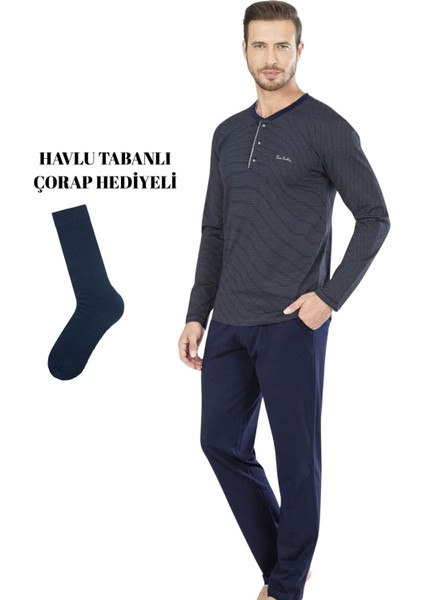 Erkek Penye Lacivert Pijama Takımı Çorap Hediyeli