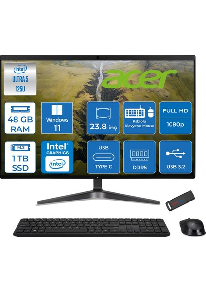 Veriton VZ2524G Intel Core Ultra 5 125U 48GB Ddr5 1tb SSD Intel® Aı Boost 23.8" Fullhd (1920 x 1080) Windows 11 Home All In One Bilgisayar DQR2REM001H23 + Zetta Flash Bellek