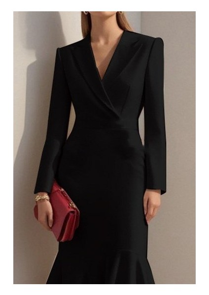 Kadın Uzun Kollu Yakalı Belden Oturtmalı Midi Ithal Krep Elbise fiyatları