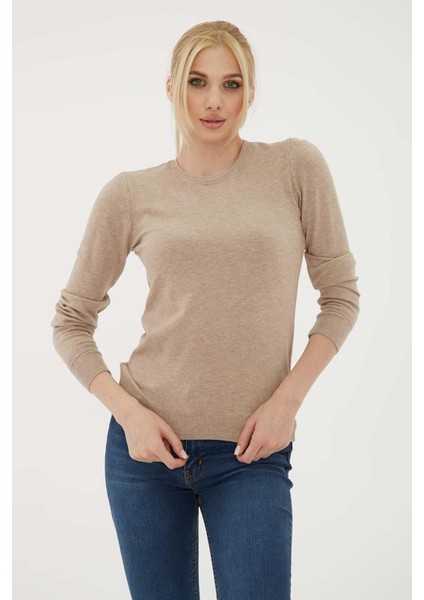 Esnek Bisiklet Yaka Kazak Vizon Melanj