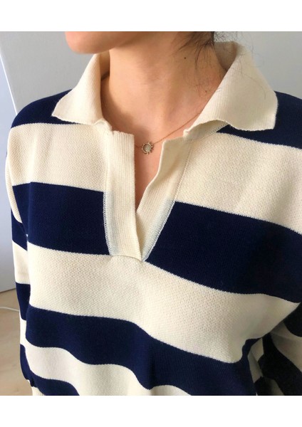 Çizgili Polo Yakalı Kadın Triko Kazak fiyatları