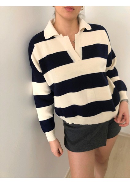 Çizgili Polo Yakalı Kadın Triko Kazak modelleri