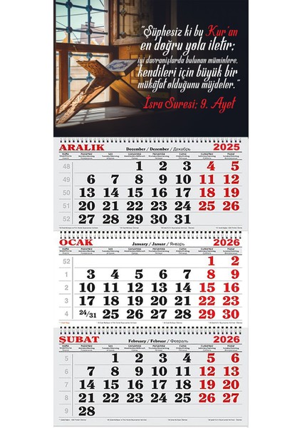 2026 Yılı Gemici Takvimi-Isra Suresi 9.ayet ve Rahle Üzerinde Kuran