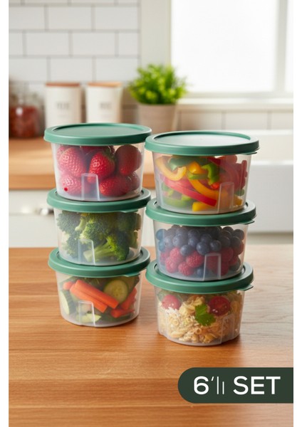 6 Adet 650 ml Yuvarlak Çok Amaçlı Saklama Kabı Seti Yeşil