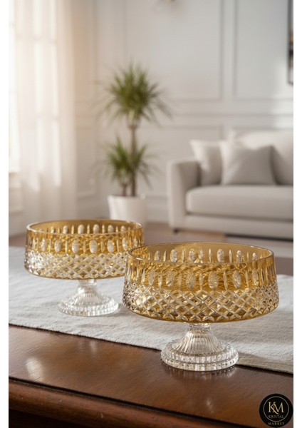 El Yapımı Kristal Arish Desen Dekoratif Sunumluk Ayaklı Kase Seti 2'li