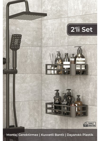 2’li Yapışkanlı Banyo Rafı Şampuanlık Sabunluk Seti – Antrasit Renk Duş Rafı Suya Dayanıklı Plastik
