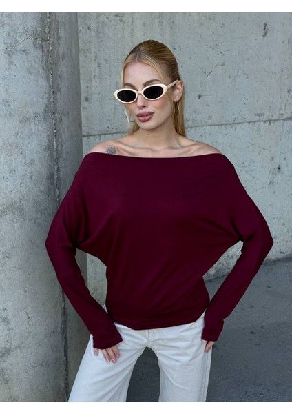 Yarasa Kol Geniş Yaka Siyah Bluz Bol Kesim Likralı Kumaş Düşük Omuz Üst indirimleri