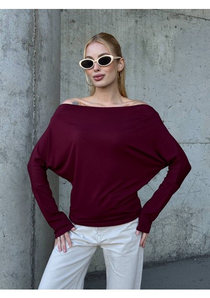 Yarasa Kol Geniş Yaka Siyah Bluz Bol Kesim Likralı Kumaş Düşük Omuz Üst