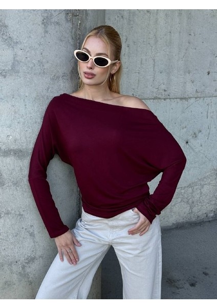 Yarasa Kol Geniş Yaka Siyah Bluz Bol Kesim Likralı Kumaş Düşük Omuz Üst