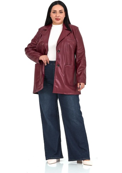 Büyük Beden Torba Cepli Düğmeli Astarlı Bordo Suni Deri Ceket