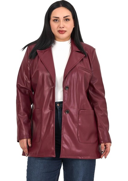 Büyük Beden Torba Cepli Düğmeli Astarlı Bordo Suni Deri Ceket fiyatları