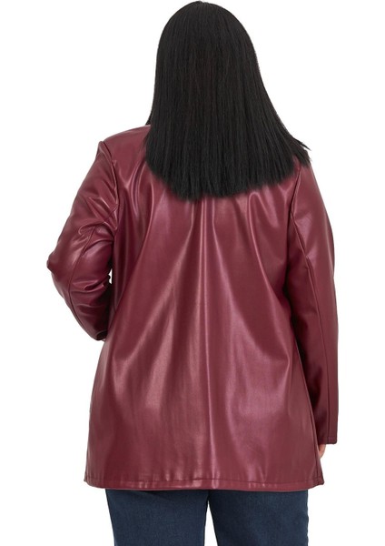 Büyük Beden Torba Cepli Düğmeli Astarlı Bordo Suni Deri Ceket modelleri