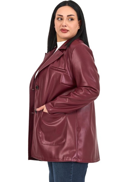 Büyük Beden Torba Cepli Düğmeli Astarlı Bordo Suni Deri Ceket fırsatları