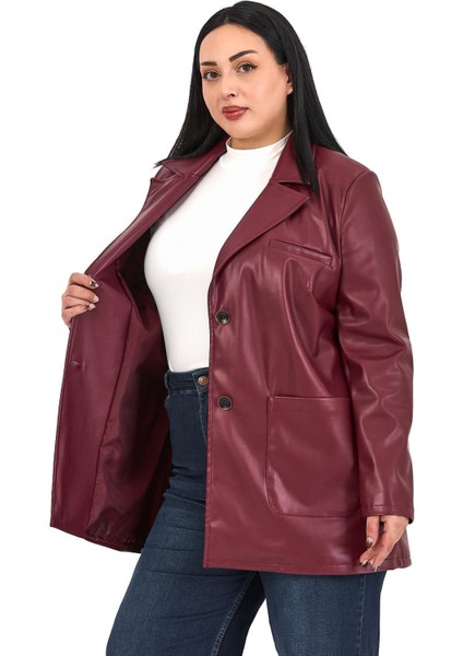 Büyük Beden Torba Cepli Düğmeli Astarlı Bordo Suni Deri Ceket indirimleri